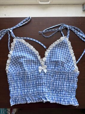 Blue Gingham Lace-Trim Tie-Strap Crop Top